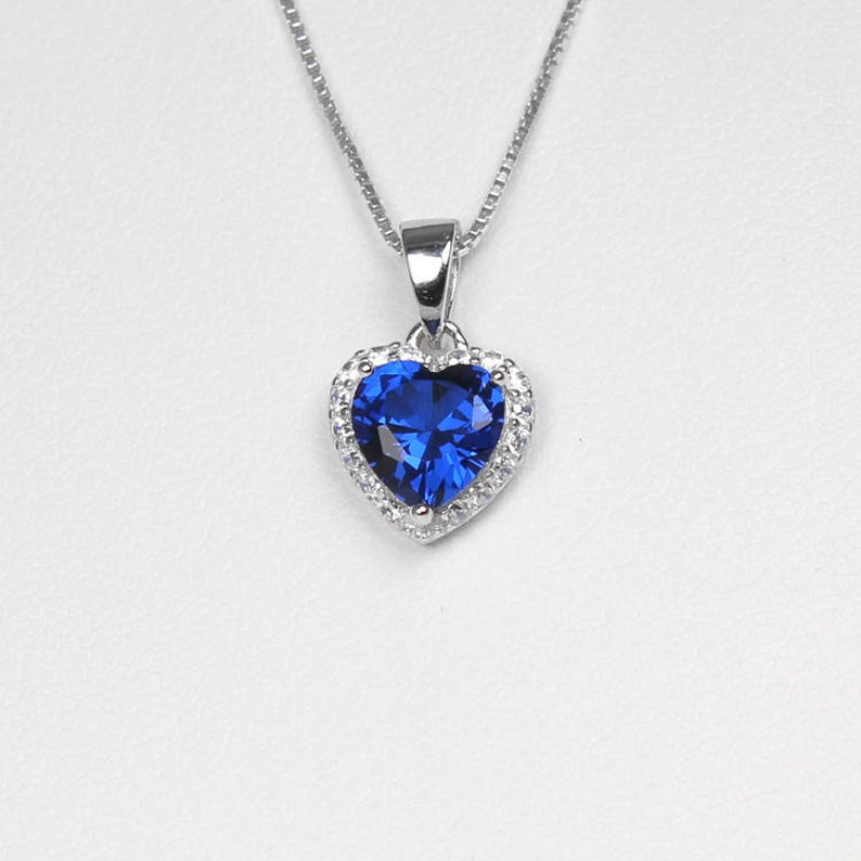 Blue Sapphire and Diamonds Necklace 925 Sterling Silver / Heart-Shaped Pendant