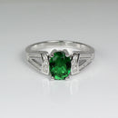 Emerald Ring Sterling Silver with Diamond Accents / Oval-Shaped