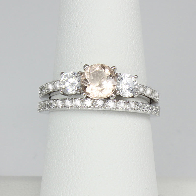 Natural Morganite and Diamonds 925 Sterling Silver Engagement Ring Set