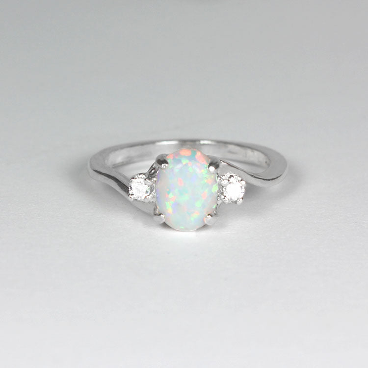 Rainbow Fire Opal and White Diamond Accents Ring 925 Sterling Silver / Oval-Shaped
