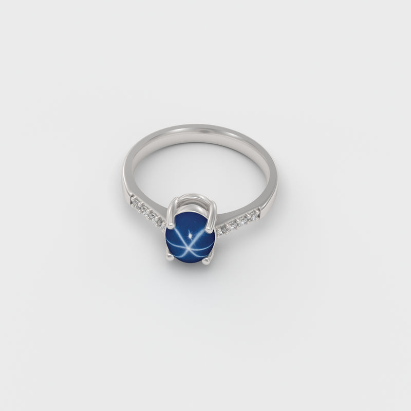 Cornflower Blue Star Sapphire and Topaz Accents Ring 925 Sterling Silver / Bypass-Style
