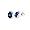 Genuine Blue Star Sapphire and White Sapphire Accents 925 Sterling Silver Stud Earrings / Oval-Cut