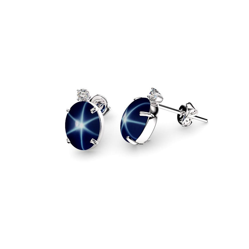 Genuine Blue Star Sapphire and White Sapphire Accents 925 Sterling Silver Stud Earrings / Oval-Cut