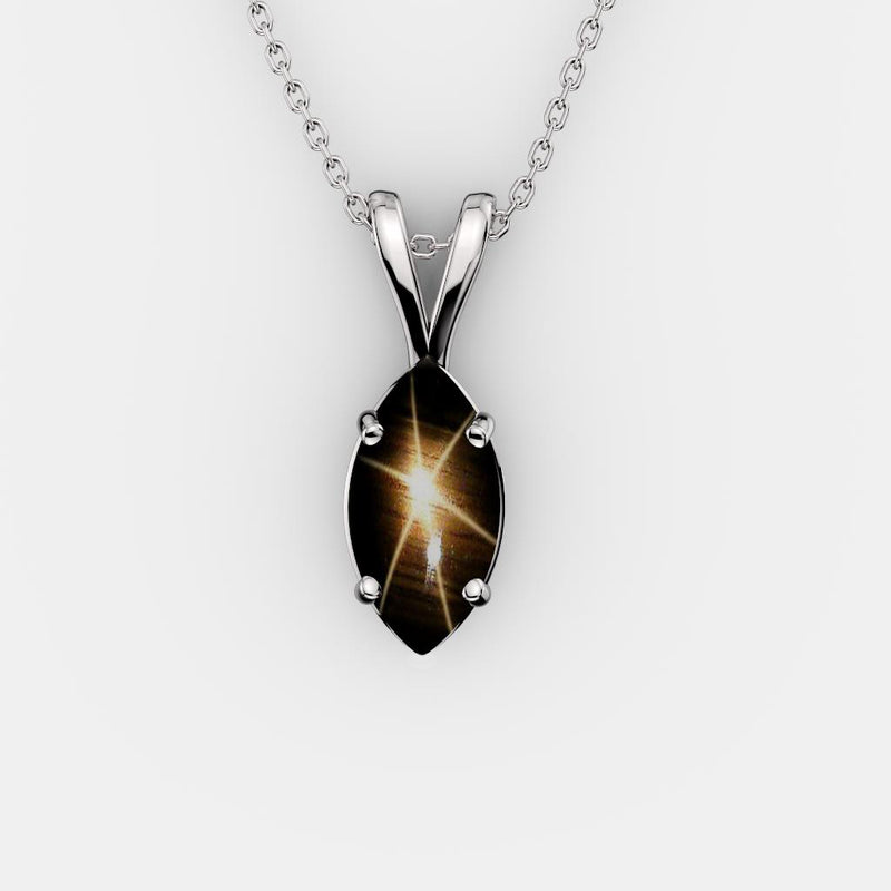 Genuine Black Star Sapphire Necklace 925 Sterling Silver / Marquise-Cut