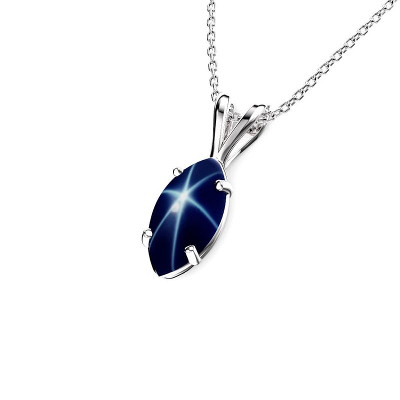 Genuine Blue Star Sapphire Necklace 925 Sterling Silver / Marquise-Cut