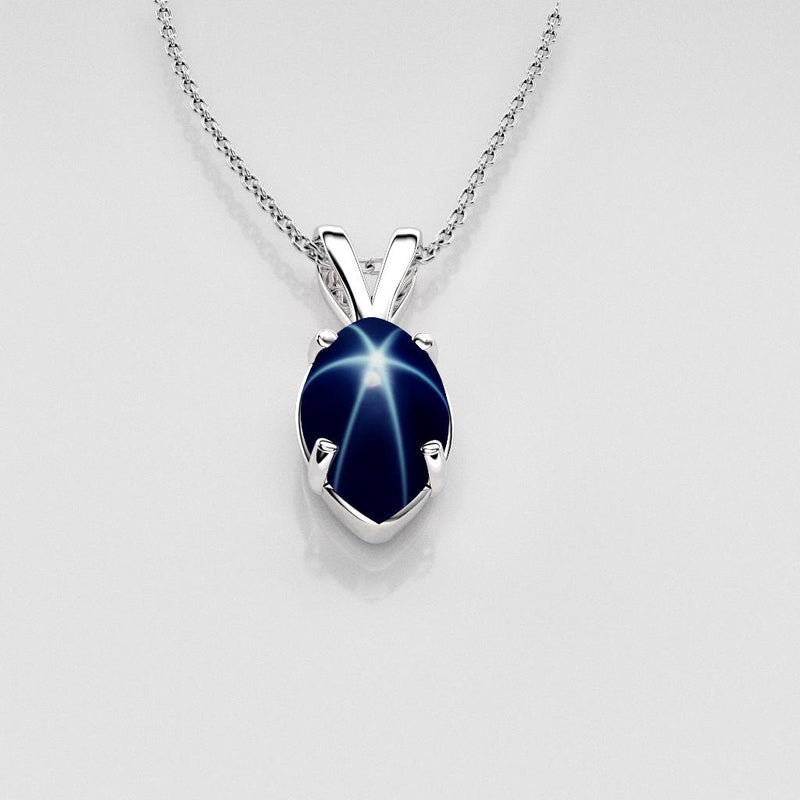 Genuine Blue Star Sapphire Necklace 925 Sterling Silver / Marquise-Cut