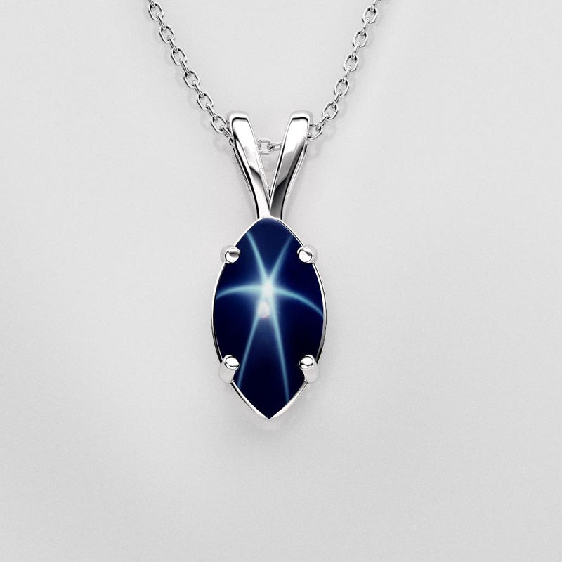 Genuine Blue Star Sapphire Necklace 925 Sterling Silver / Marquise-Cut