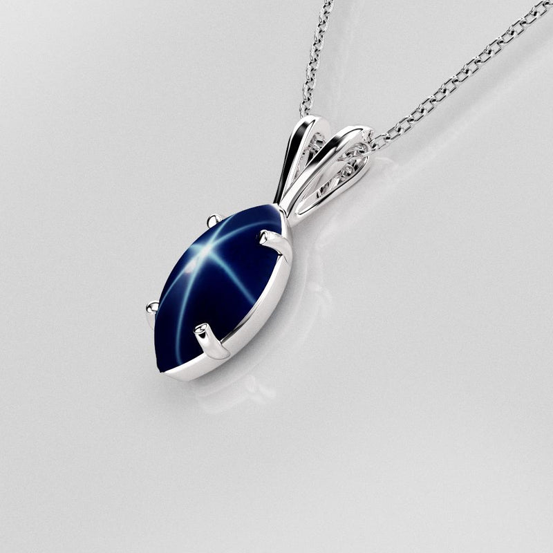 Genuine Blue Star Sapphire Necklace 925 Sterling Silver / Marquise-Cut