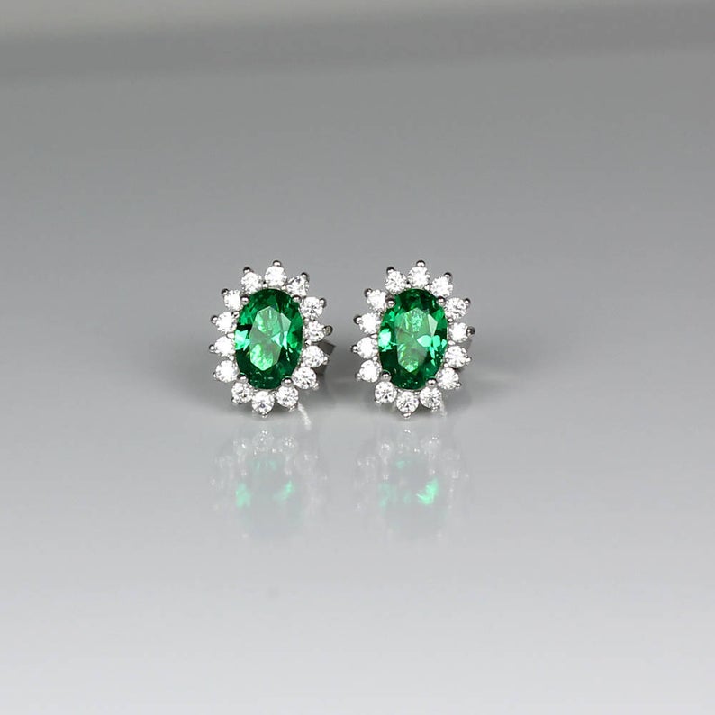 14K White Gold-Filled Emerald and Diamond Stud Earrings / Halo-Style