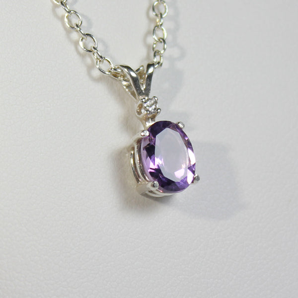 Natural Amethyst and White Diamond Accent Necklace 925 Sterling Silver / Oval-Shaped