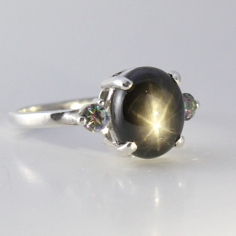 Genuine 6-Ray Black Star Sapphire Ring Sterling Silver 925 / Mystic Topaz Accents / Oval-Shaped