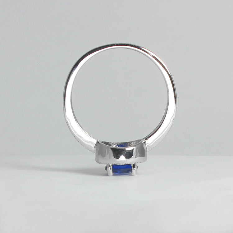 Blue Sapphire Halo-Style Ring 925 Sterling Silver / Diamond Accents / Round