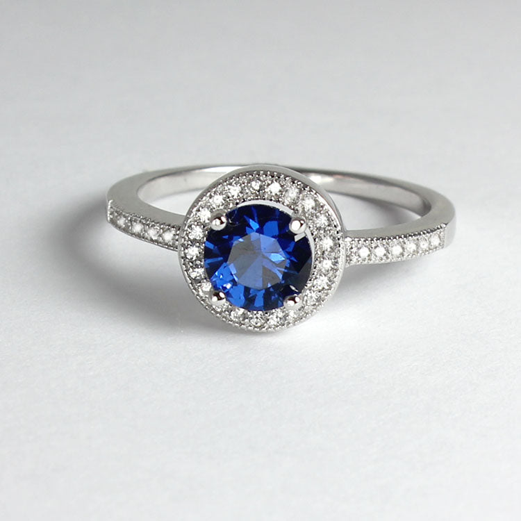 Blue Sapphire Halo-Style Ring 925 Sterling Silver / Diamond Accents / Round