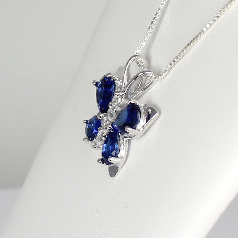 Blue Sapphire and Diamonds Necklace 925 Sterling Silver / Butterfly-Style