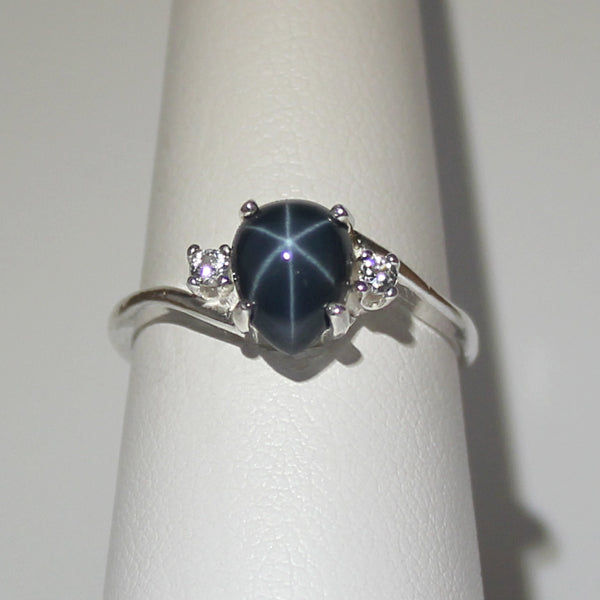 Genuine Blue Star Sapphire Ring 925 Sterling Silver / White Sapphire Accents / Pear-Cut