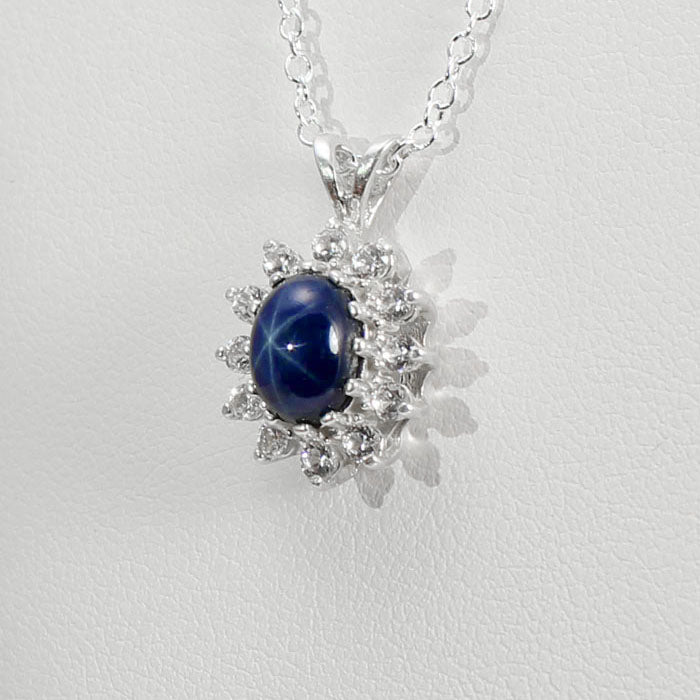 Genuine Blue Star Sapphire Necklace 925 Sterling Silver / Halo-Style