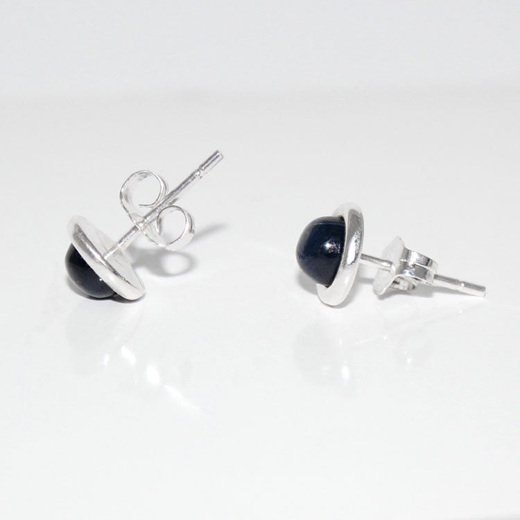 Genuine Blue Star Sapphire Sterling Silver Stud Earrings / Bezel