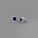 Blue Sapphire and Diamond Stud Earrings / 14K White Gold-Plated