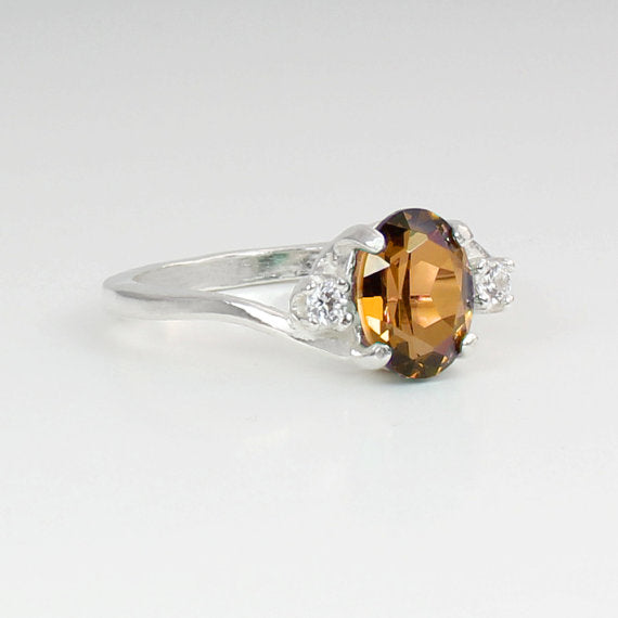 Genuine Golden Citrine and Sapphire Accents Ring 925 Sterling SIlver / Oval-Shaped