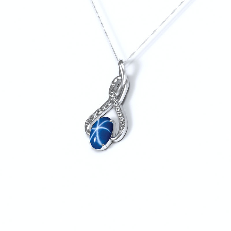 Cornflower Blue Star Sapphire Necklace 925 Sterling Silver / Infinity-Style / Oval-Shaped