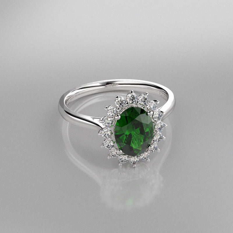 Halo-Style Emerald Ring 925 Sterling Silver / White Topaz Accents