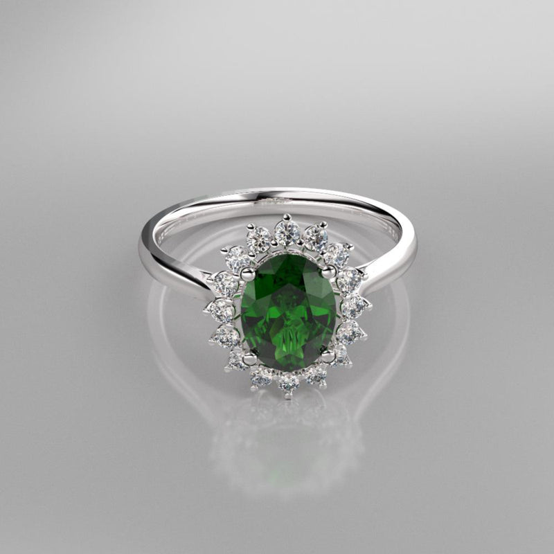 Halo-Style Emerald Ring 925 Sterling Silver / White Topaz Accents