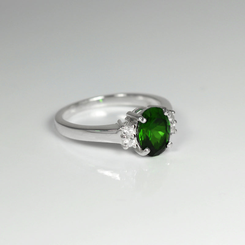 Emerald Ring Sterling Silver with Sapphire Accents / Oval-Shaped