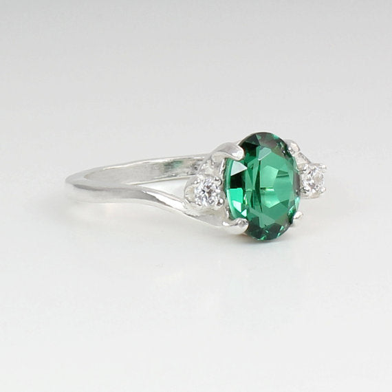 Emerald and Diamond Accents Sterling Silver Ring / Oval-Shaped