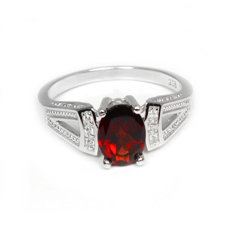 Natural Garnet Ring Sterling Silver with White Diamond Accents