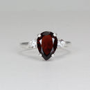 Natural Garnet Ring 925 Sterling Silver / Sapphire Accents / Pear-Shaped
