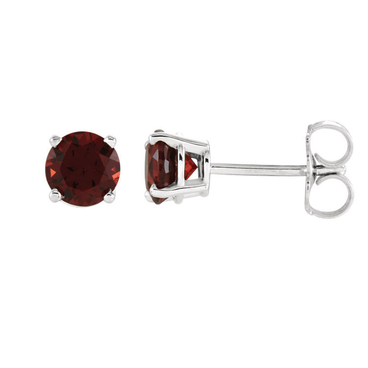 Natural Garnet Earrings Solid 14K White Gold / Round-Shaped Studs