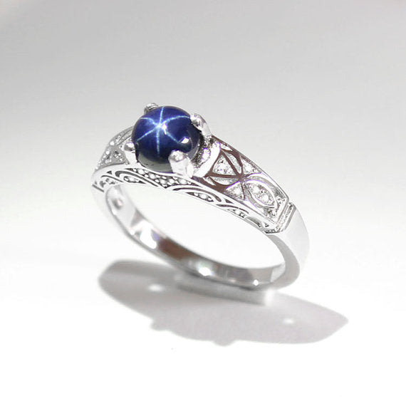 Genuine Blue Star Sapphire Ring 925 Sterling Silver / Round-Cut