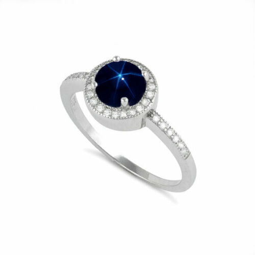 Genuine 6-ray Blue Star Sapphire and White Diamond Accents Ring 925 Sterling Silver / Halo-Style