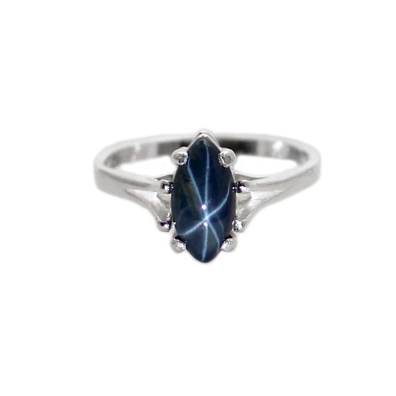 14k White Gold Blue Star Sapphire Ring with Brush Finish Diamond Accent  SIze 5