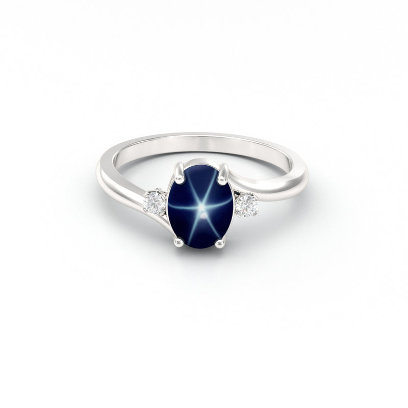 Genuine Blue Star Sapphire Ring 925 Sterling Silver / White Sapphire Accents