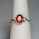 Mexican Fire Opal and White Diamond Accents Ring 925 Sterling Silver / Oval-Shaped