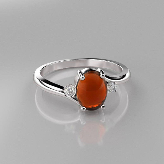Natural Mexican Fire Opal and Genuine Topaz Accents Ring 925 Sterling Silver / Oval-Shaped Cabochon