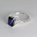 Blue Sapphire Ring Sterling Silver 925 with Diamond Accents / Emerald-Shaped