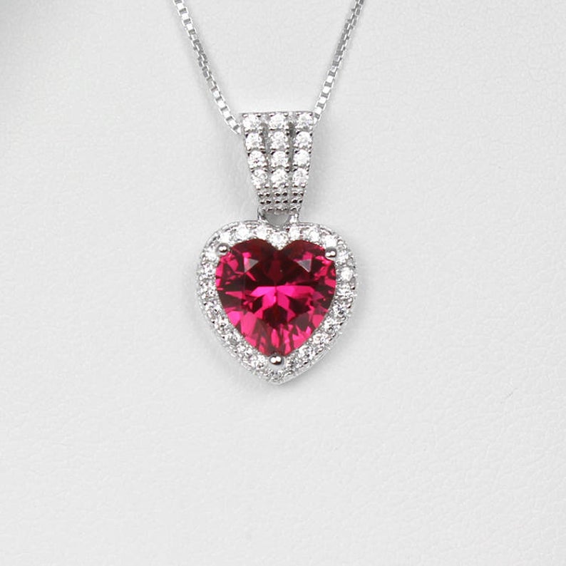Ruby and Diamonds Necklace 925 Sterling Silver / Heart-Shaped