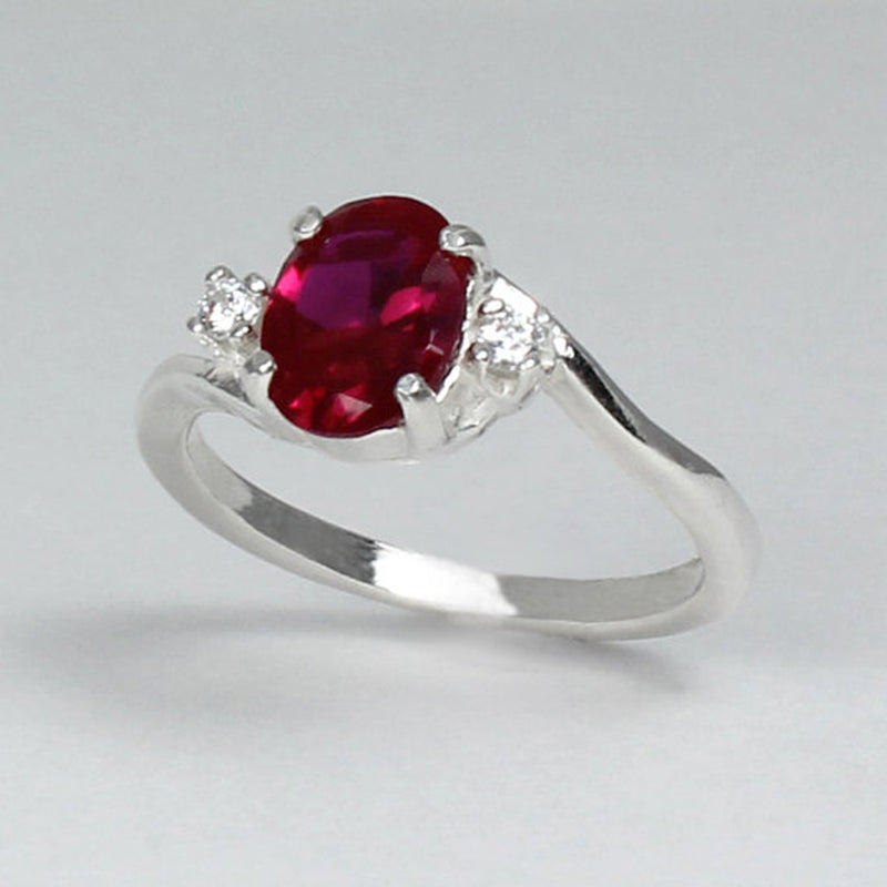 Ruby and White Diamond Accents Ring 925 Sterling Silver / Oval-Shaped