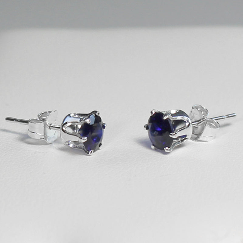 Blue Sapphire Stud Earrings 925 Sterling Silver  / Round-Shaped