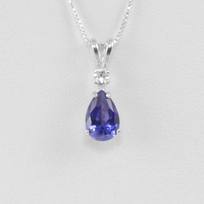 Tanzanite and White Diamond Necklace 925 Sterling Silver / Pear-Shaped