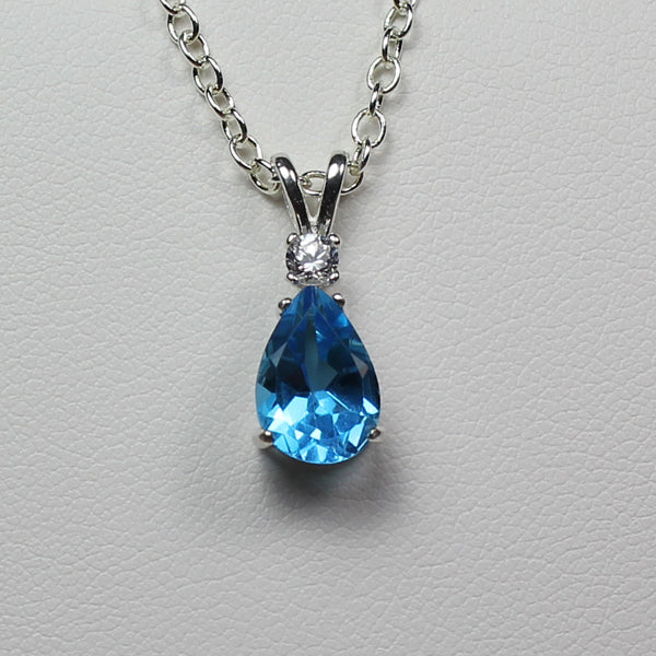 Natural London Blue Topaz and White Sapphire Necklace 925 Sterling Silver / Pear-Shaped